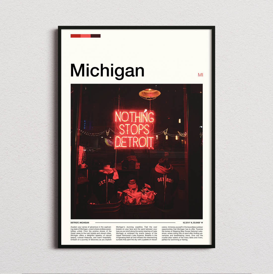 Michigan Red Neon Sign Travel Print framed and photographed straight on