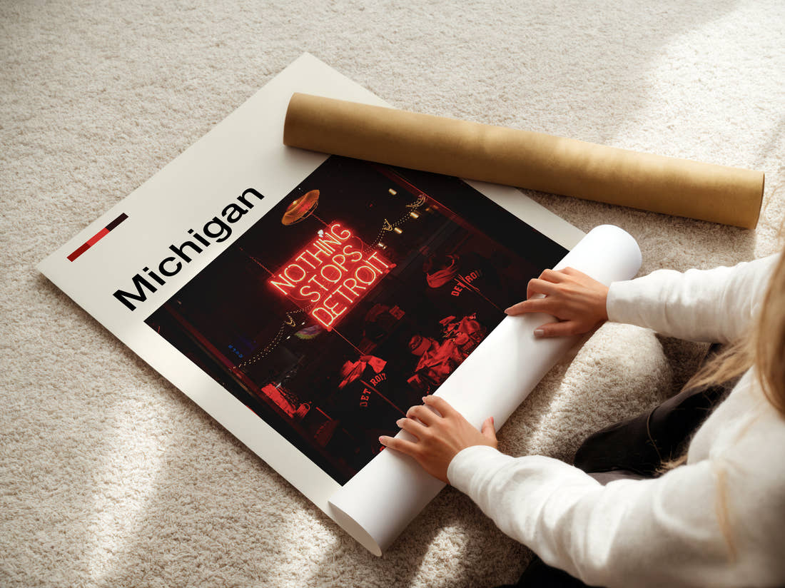 Michigan Red Neon Sign Travel Print being unrolled from its postal tube