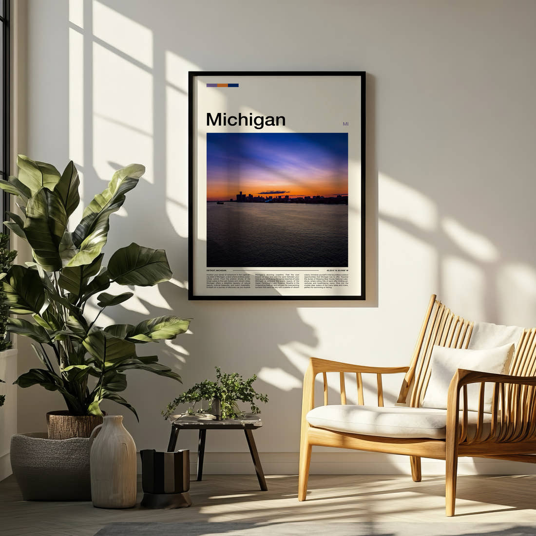 Michigan Sunset Over Water Travel Print framed on a pale wall beside houseplants