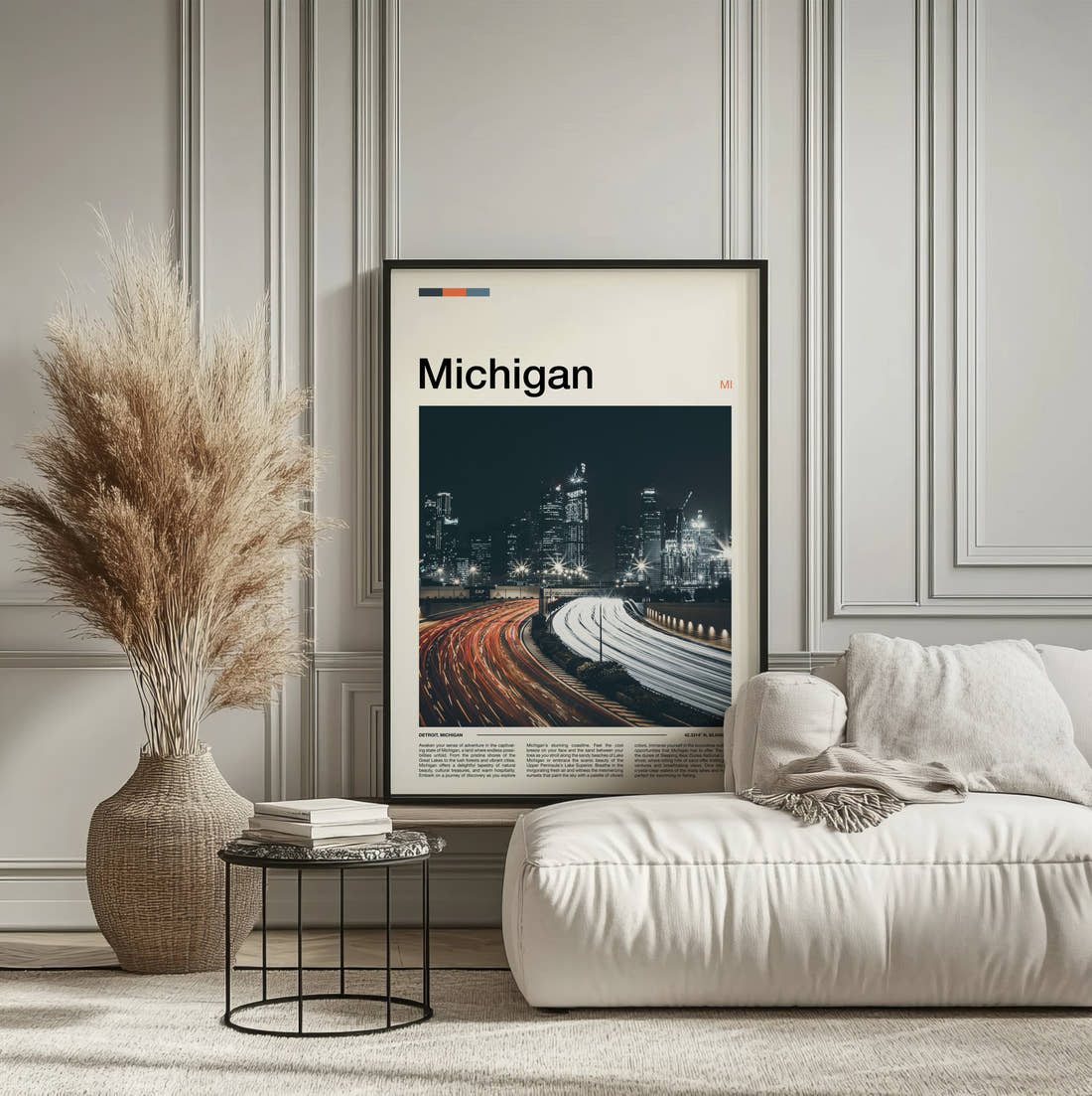 Michigan Light Trails At Night Travel Print framed on the wall of a calm, neutral bedroom