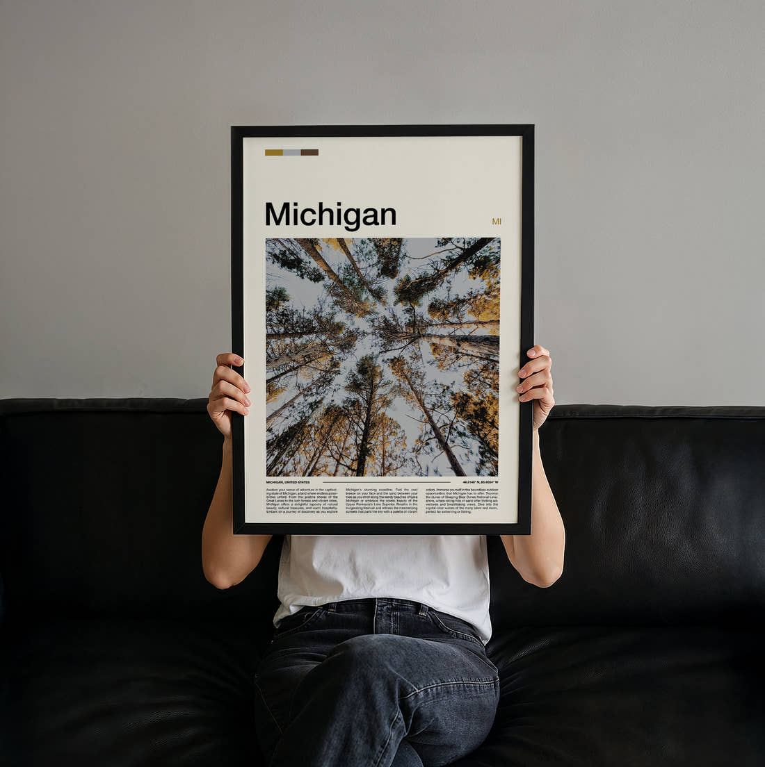 Michigan Treetops From Below Travel Print held up by hand to show the size of the print