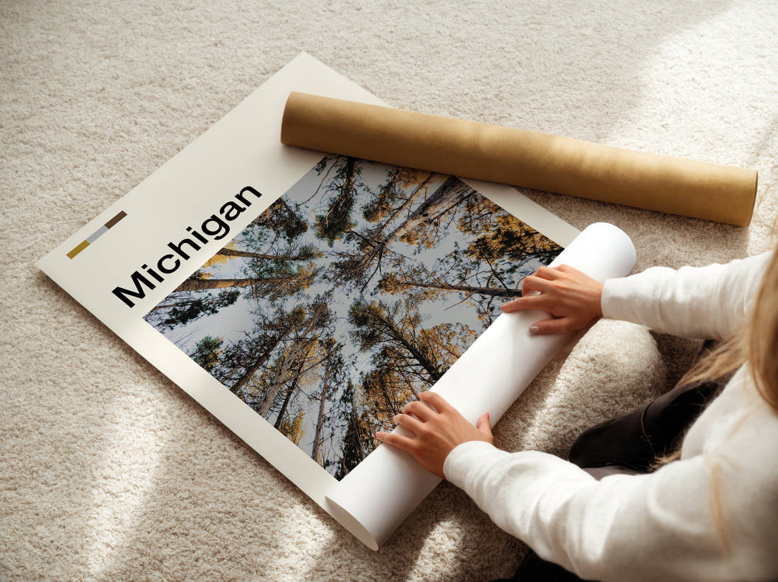Michigan Treetops From Below Travel Print being unrolled from its postal tube