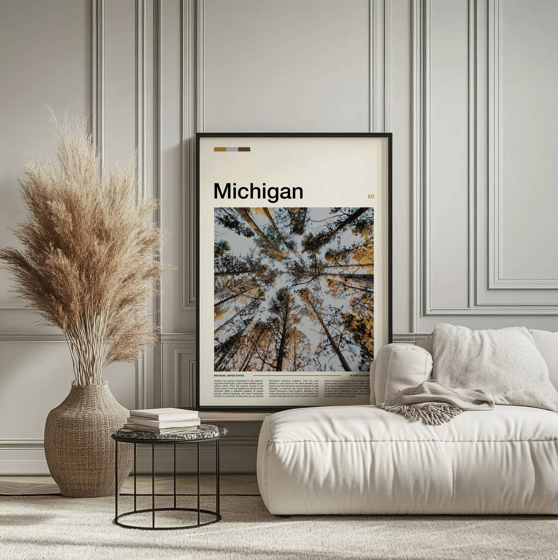 Michigan Treetops From Below Travel Print framed on the wall of a calm, neutral bedroom