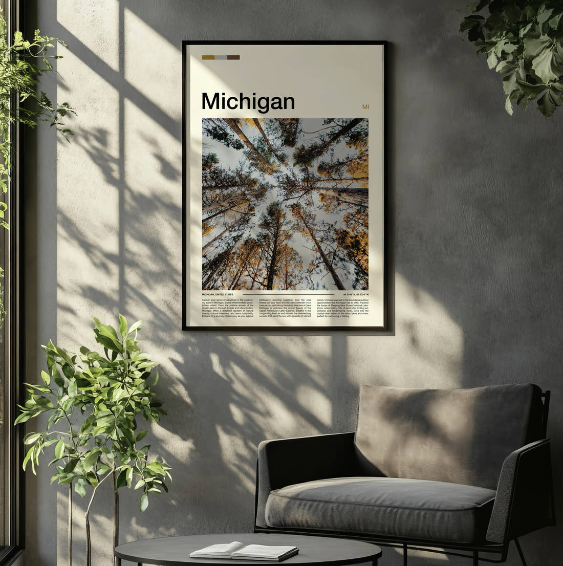 Michigan Treetops From Below Travel Print framed on the wall of a relaxed living room