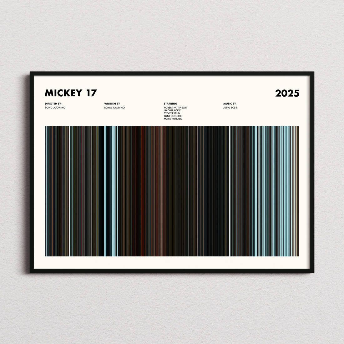Mickey 17 Movie Barcode Poster framed and photographed straight on