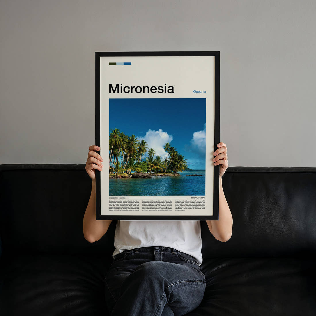 Micronesia Palm-Fringed Lagoon Travel Print held up by hand to show the size of the print