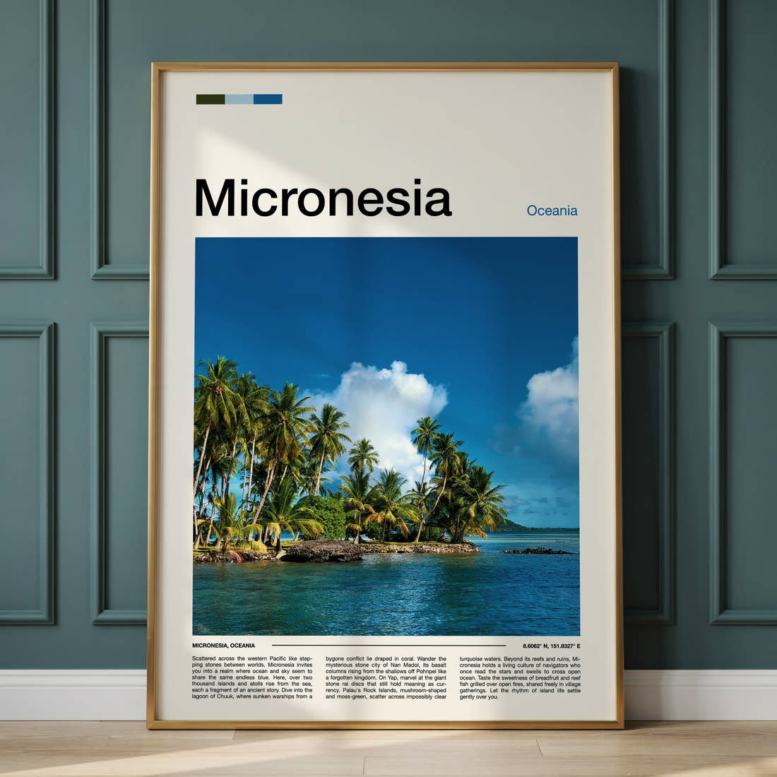 Micronesia Palm-Fringed Lagoon Travel Print framed on the wall of a calm, neutral bedroom
