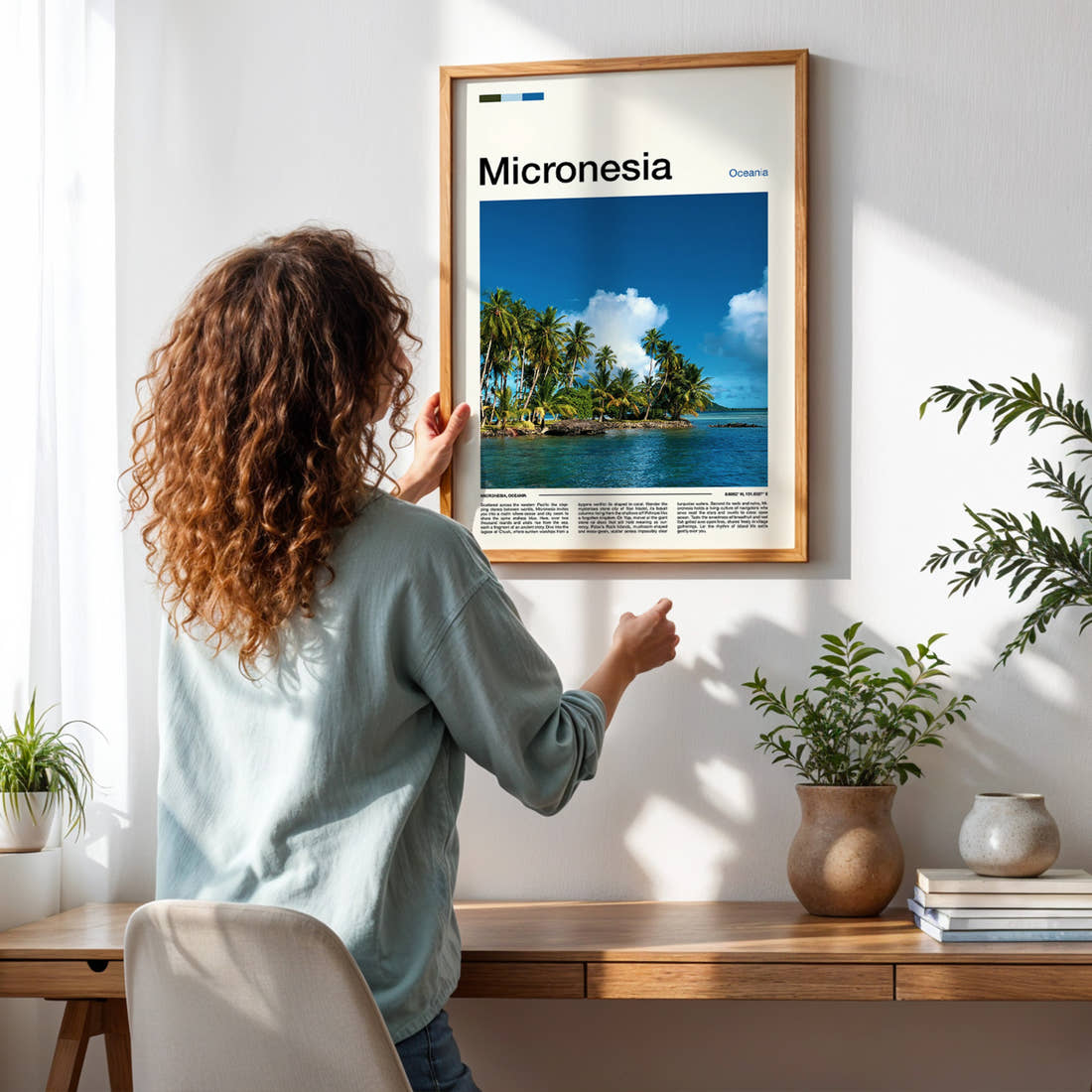 Micronesia Palm-Fringed Lagoon Travel Print framed on a pale wall beside houseplants