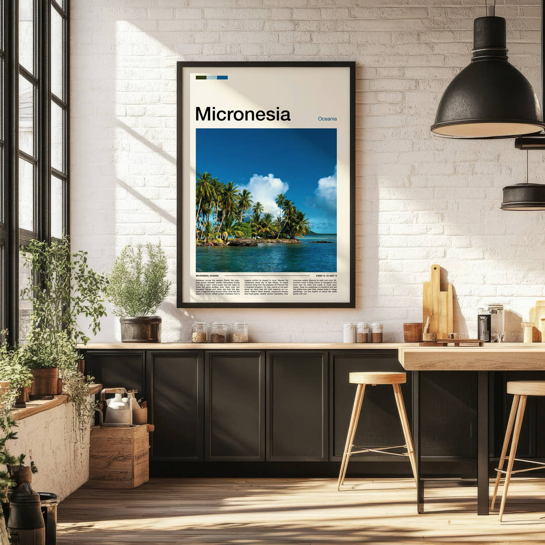 Micronesia Palm-Fringed Lagoon Travel Print framed on the wall of a bright kitchen and dining space