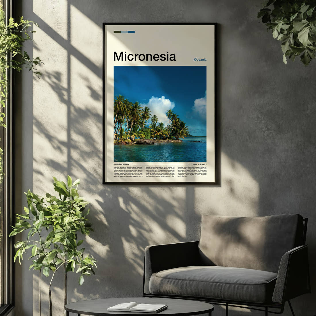 Micronesia Palm-Fringed Lagoon Travel Print framed on the wall of a relaxed living room