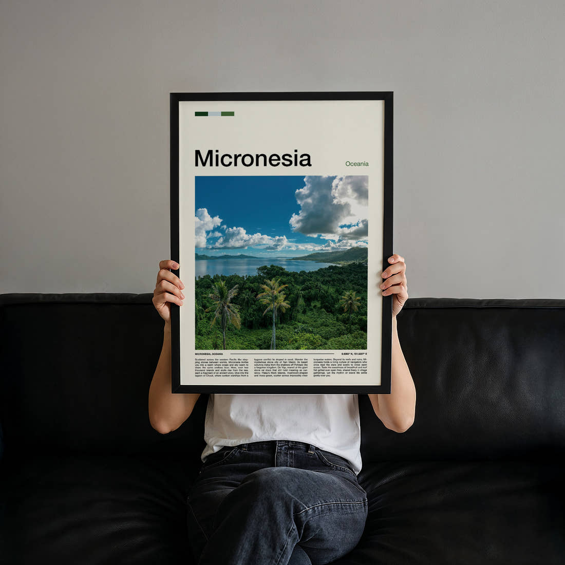 Micronesia Lagoon From Above Travel Print held up by hand to show the size of the print