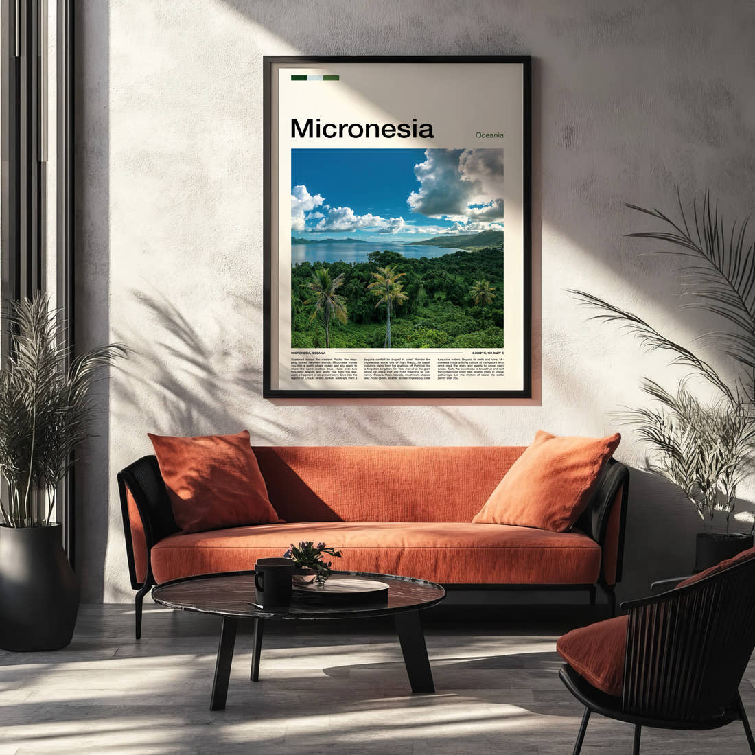 Micronesia Lagoon From Above Travel Print framed on the wall of a modern living room