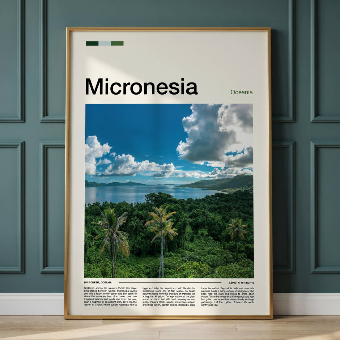 Micronesia Lagoon From Above Travel Print framed on the wall of a calm, neutral bedroom
