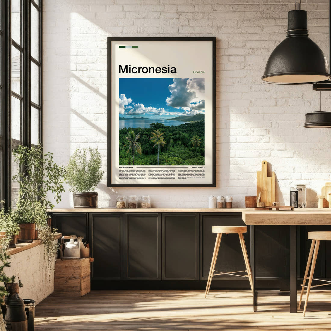 Micronesia Lagoon From Above Travel Print framed on the wall of a bright kitchen and dining space