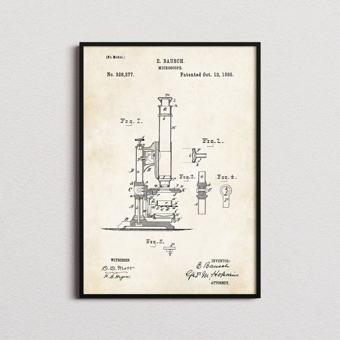 Microscope Patent Print in the aged paper colourway, framed
