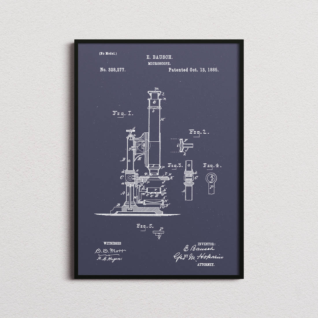 Microscope Patent Print in the navy colourway, framed