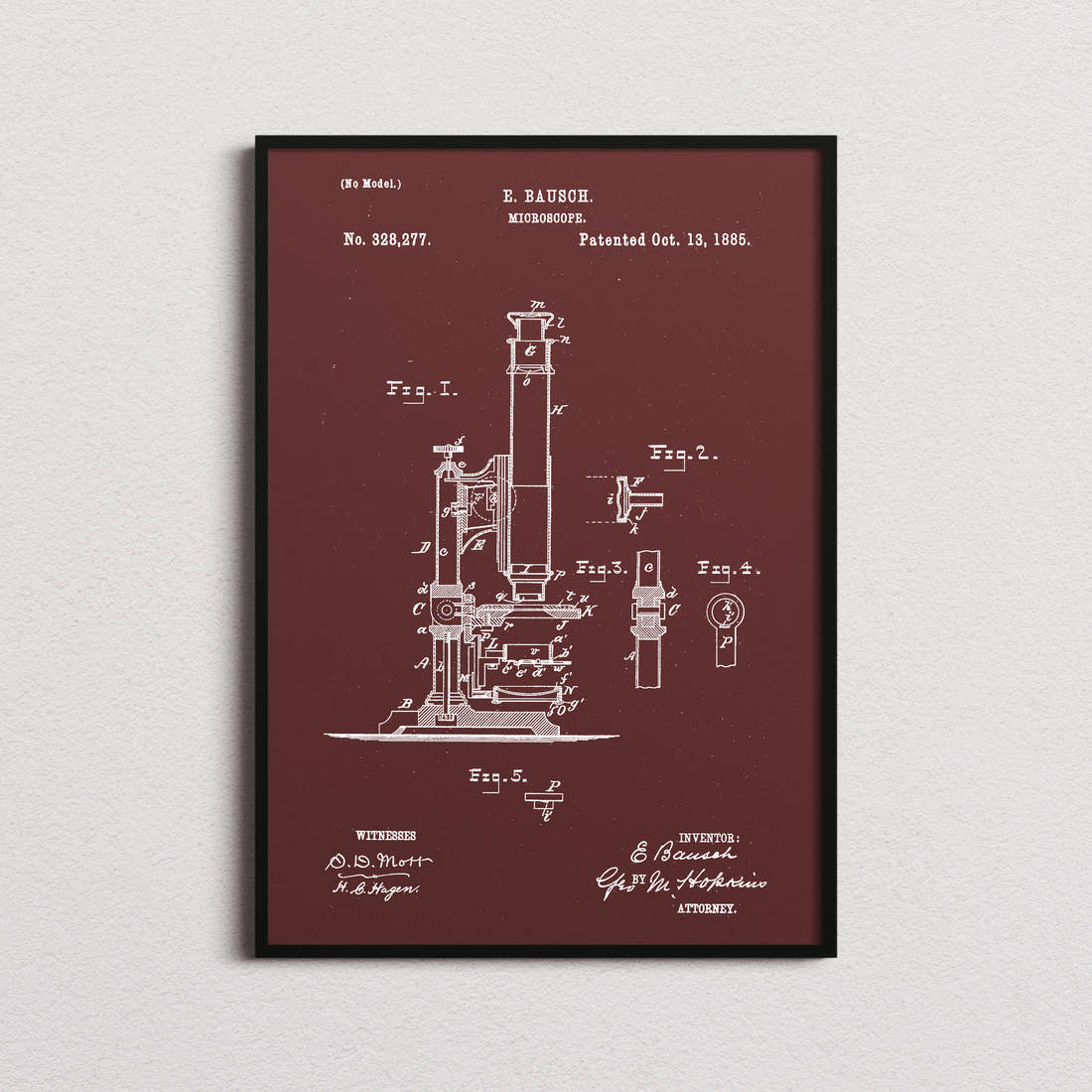 Microscope Patent Print in the burgundy colourway, framed