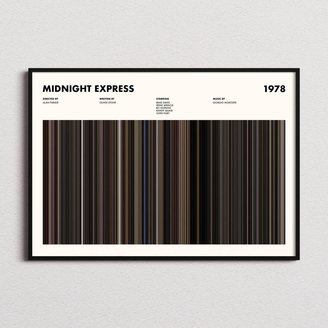Midnight Express Movie Barcode Poster framed and photographed straight on
