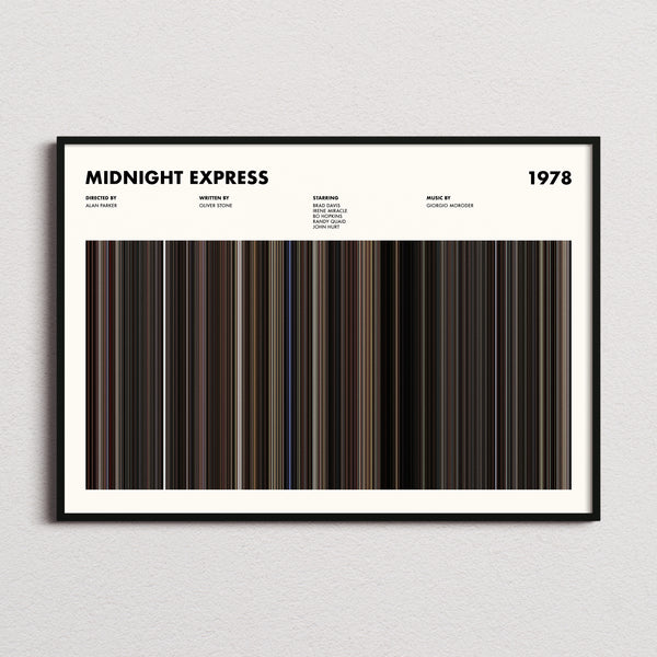 Midnight Express Movie Barcode Poster framed and photographed straight on