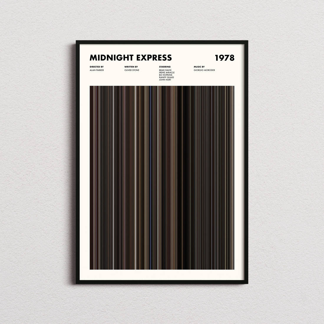Midnight Express Movie Barcode Poster framed on a plain studio wall