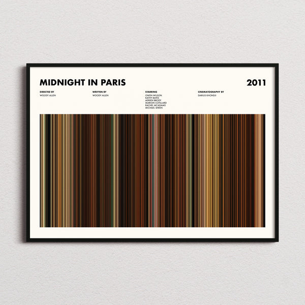 Midnight In Paris Movie Barcode Poster framed and photographed straight on