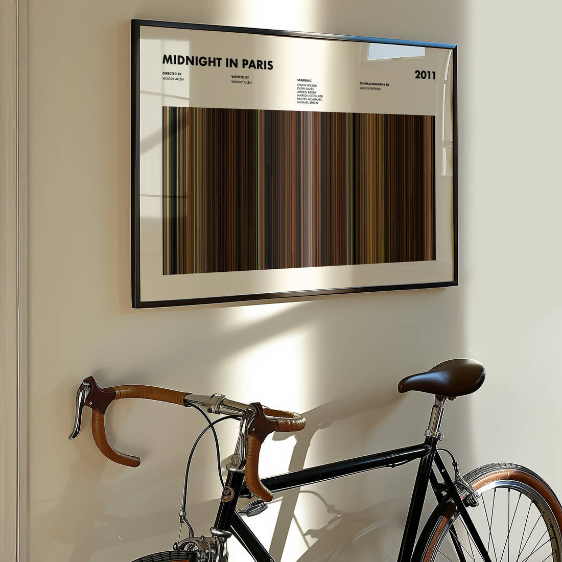 Midnight In Paris Movie Barcode Poster framed on the wall of a styled room setting