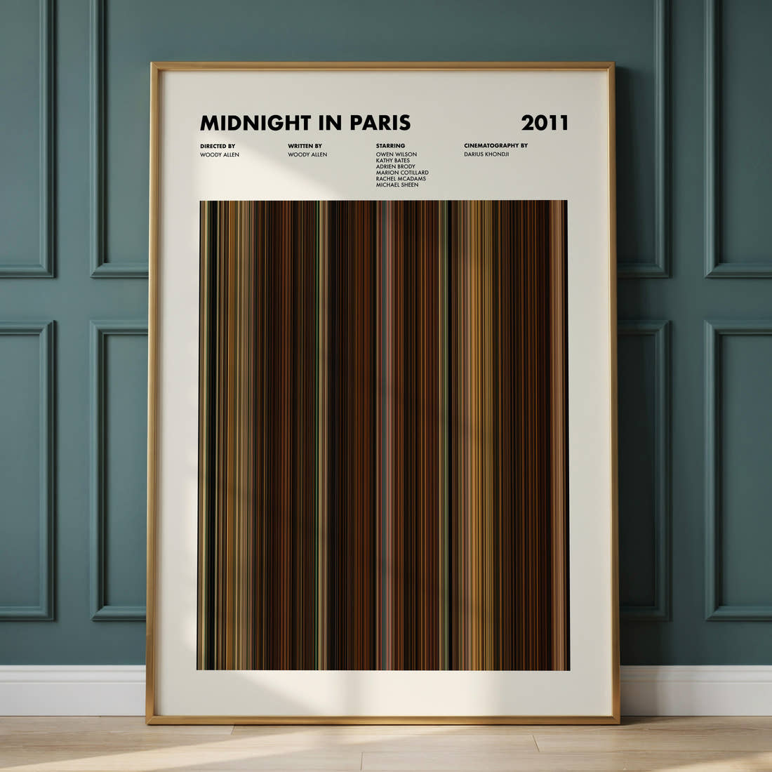 Midnight In Paris Movie Barcode Poster framed and leaning against a panelled wall