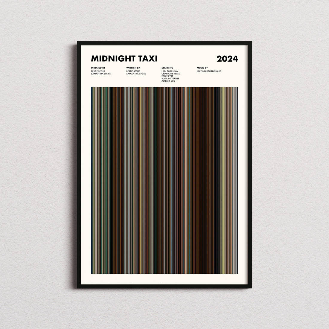 Midnight Taxi Movie Barcode Poster framed on a plain studio wall