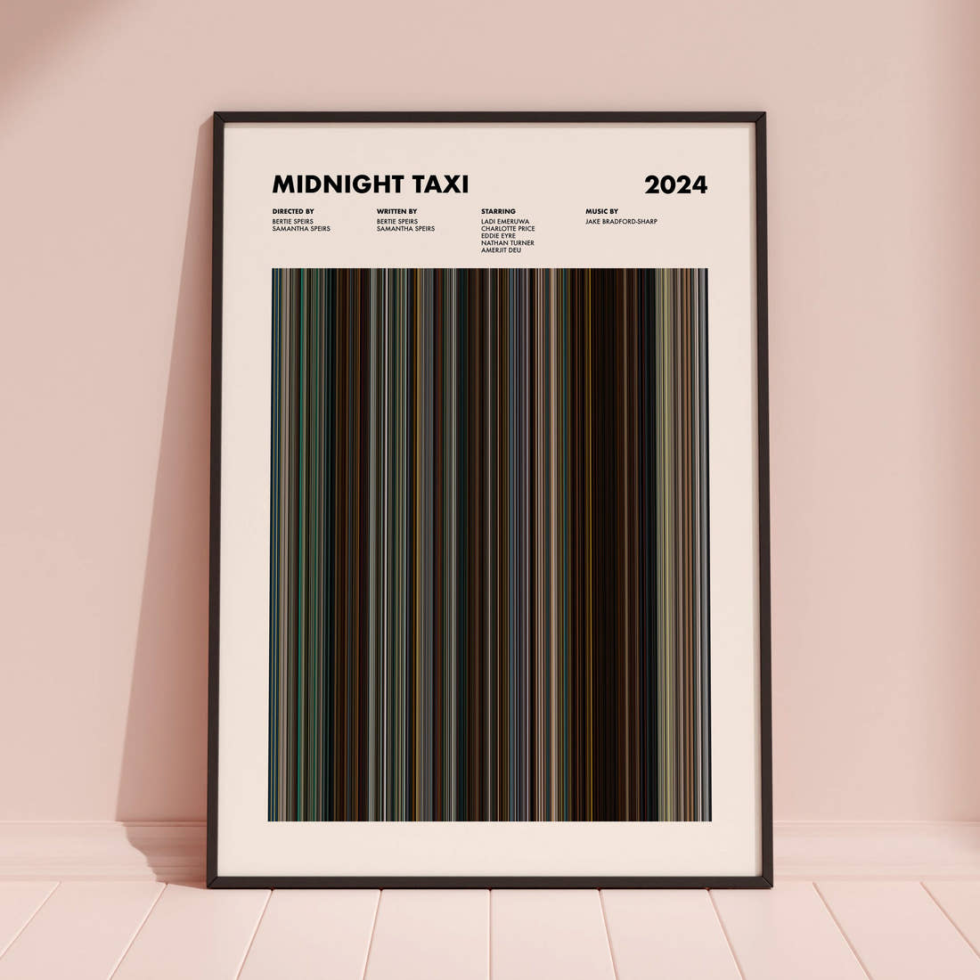 Midnight Taxi Movie Barcode Poster framed and leaning against a coloured wall