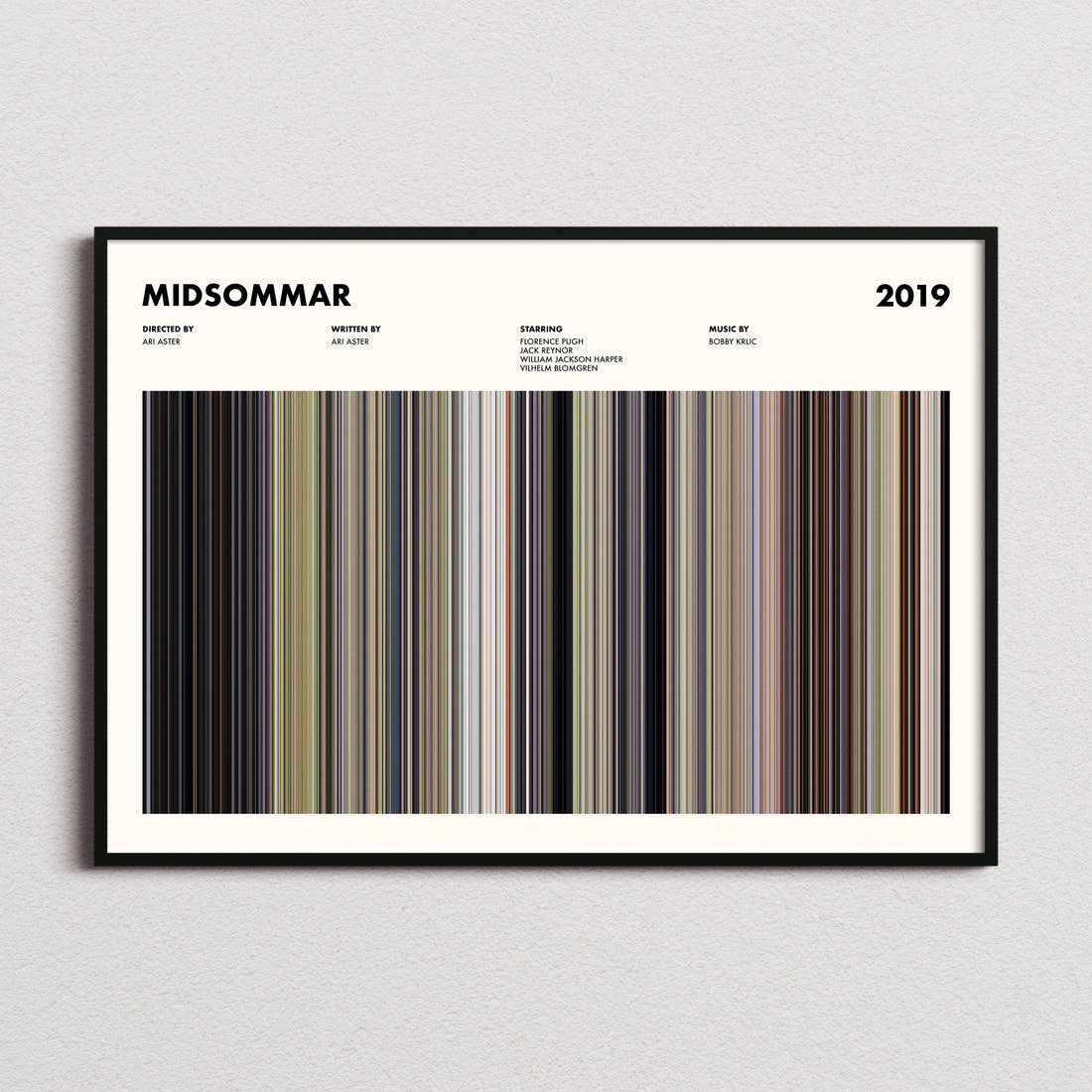 Midsommar Movie Barcode Poster framed and photographed straight on