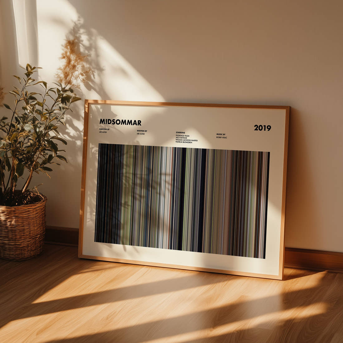 Midsommar Movie Barcode Poster framed and leaning against a wall on a wooden floor