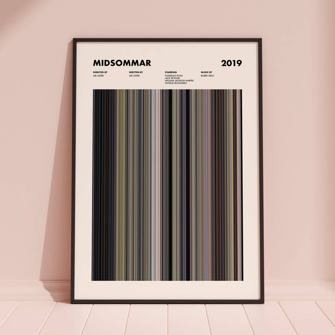 Midsommar Movie Barcode Poster framed and leaning against a coloured wall