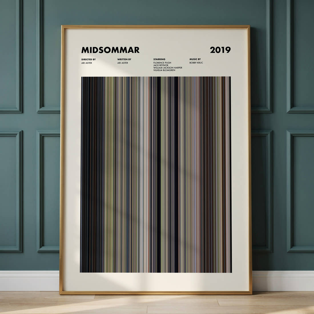 Midsommar Movie Barcode Poster framed and leaning against a panelled wall