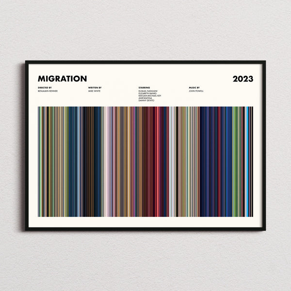 Migration Movie Barcode Poster framed and photographed straight on