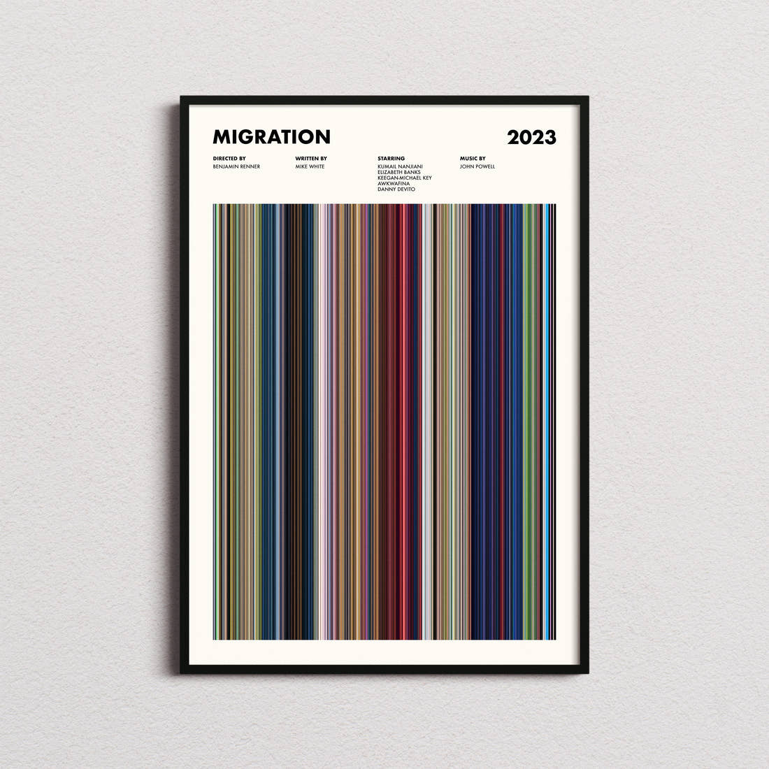 Migration Movie Barcode Poster framed on a plain studio wall