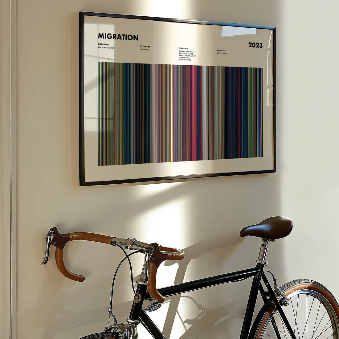 Migration Movie Barcode Poster framed on the wall of a styled room setting