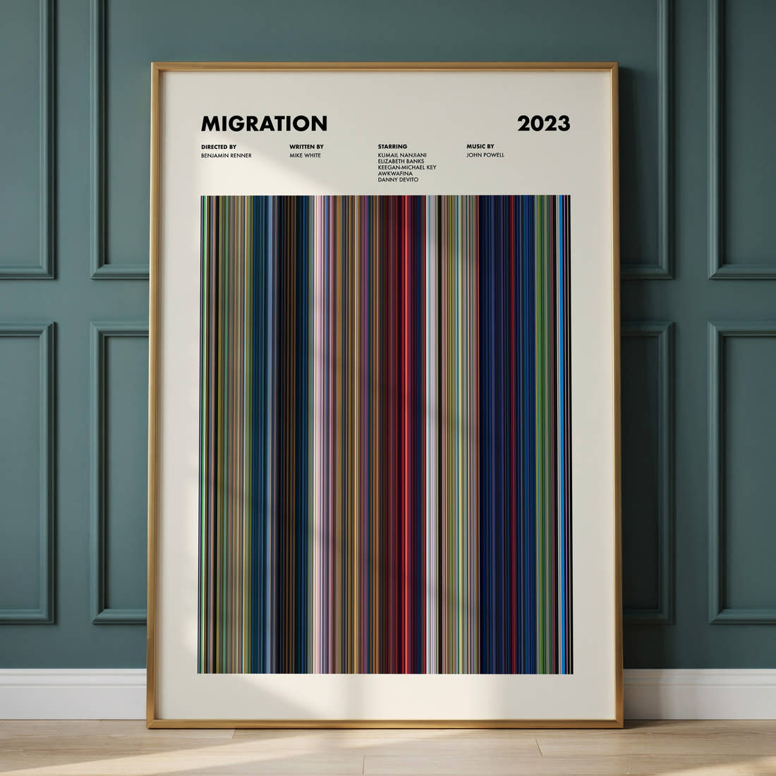 Migration Movie Barcode Poster framed and leaning against a panelled wall