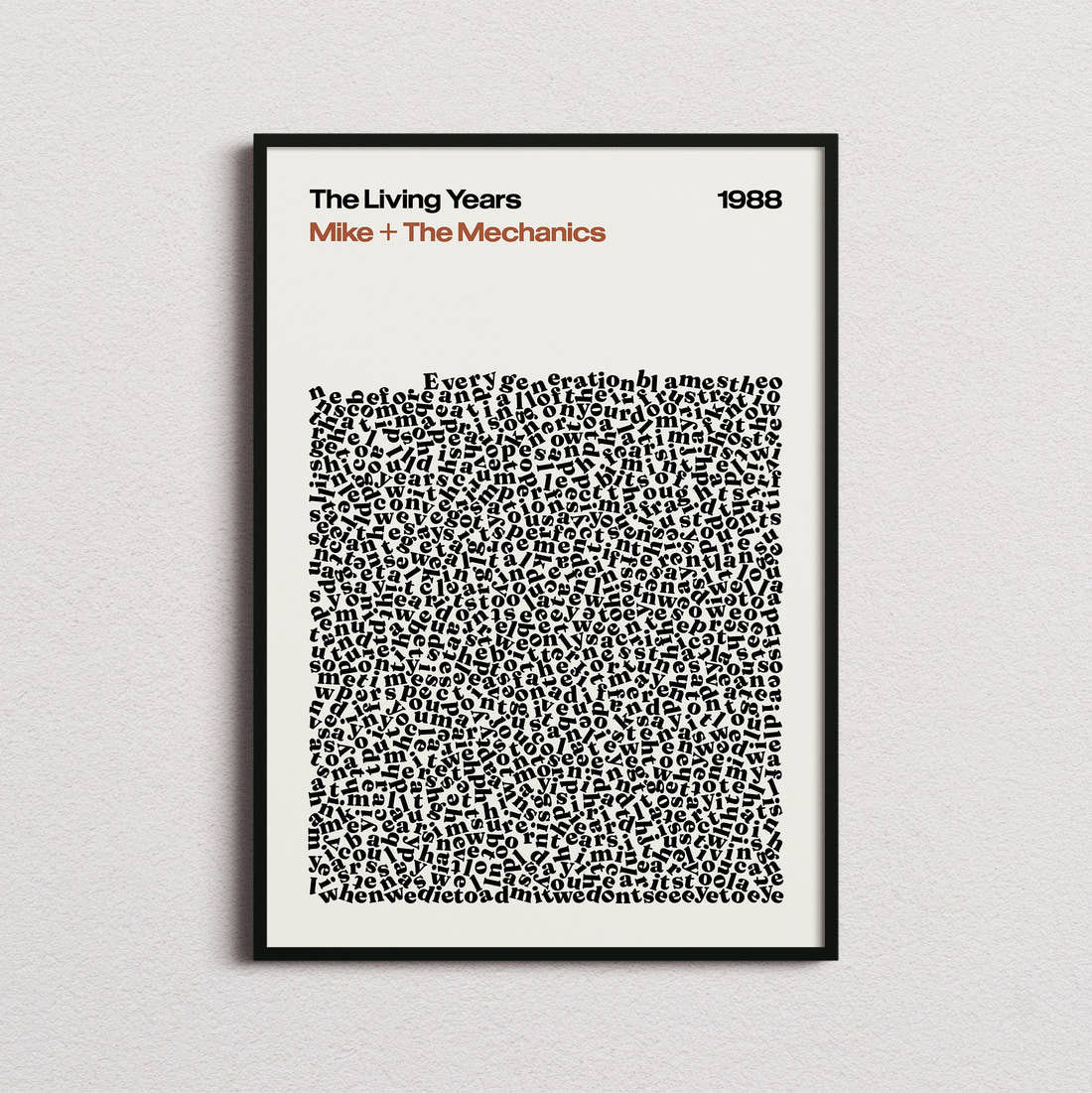 Mike and the Mechanics The Living Years Lyric Print in the cream colourway, framed