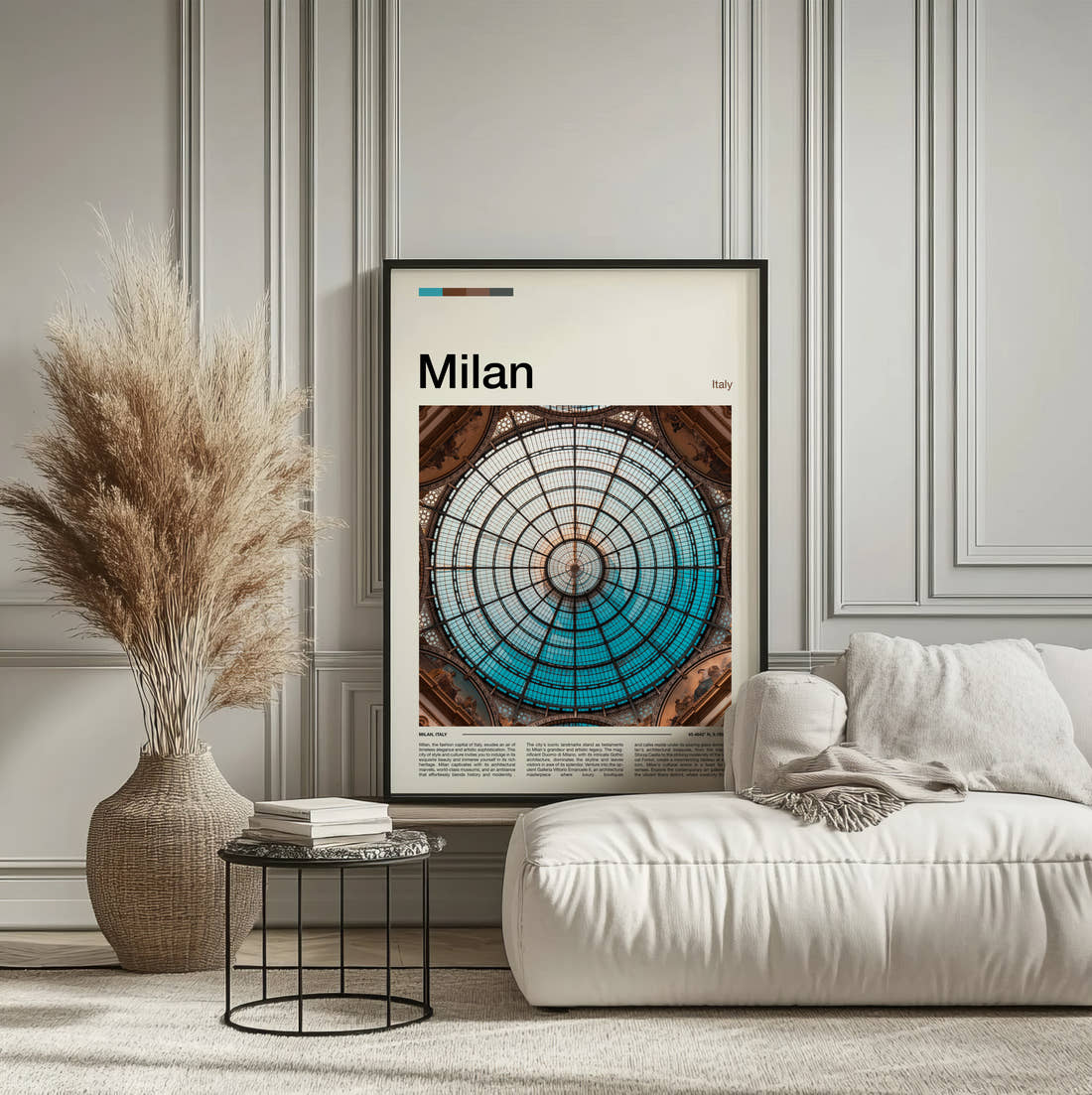 Milan Galleria Glass Dome Travel Print framed on the wall of a calm, neutral bedroom