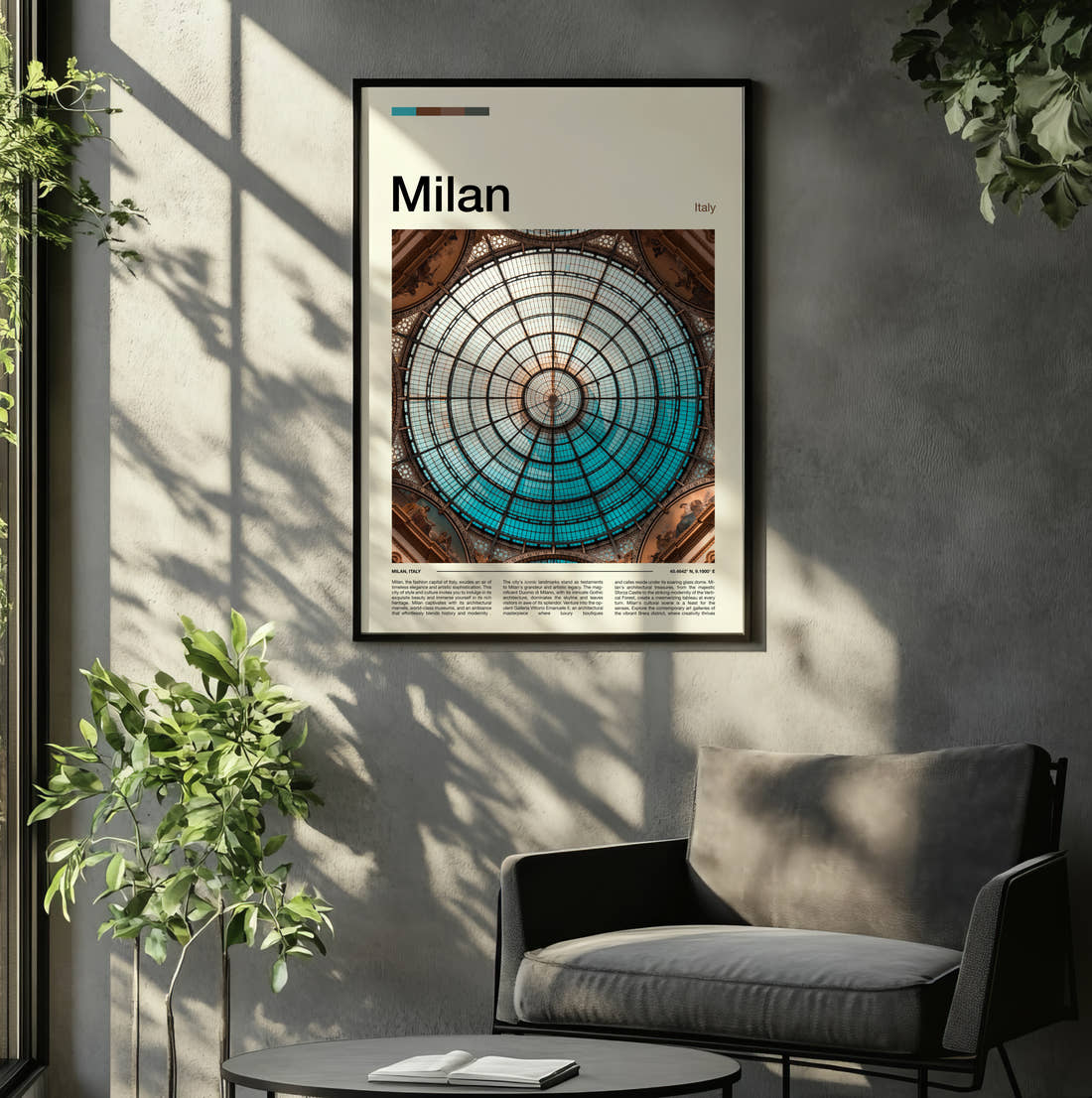 Milan Galleria Glass Dome Travel Print framed on the wall of a relaxed living room
