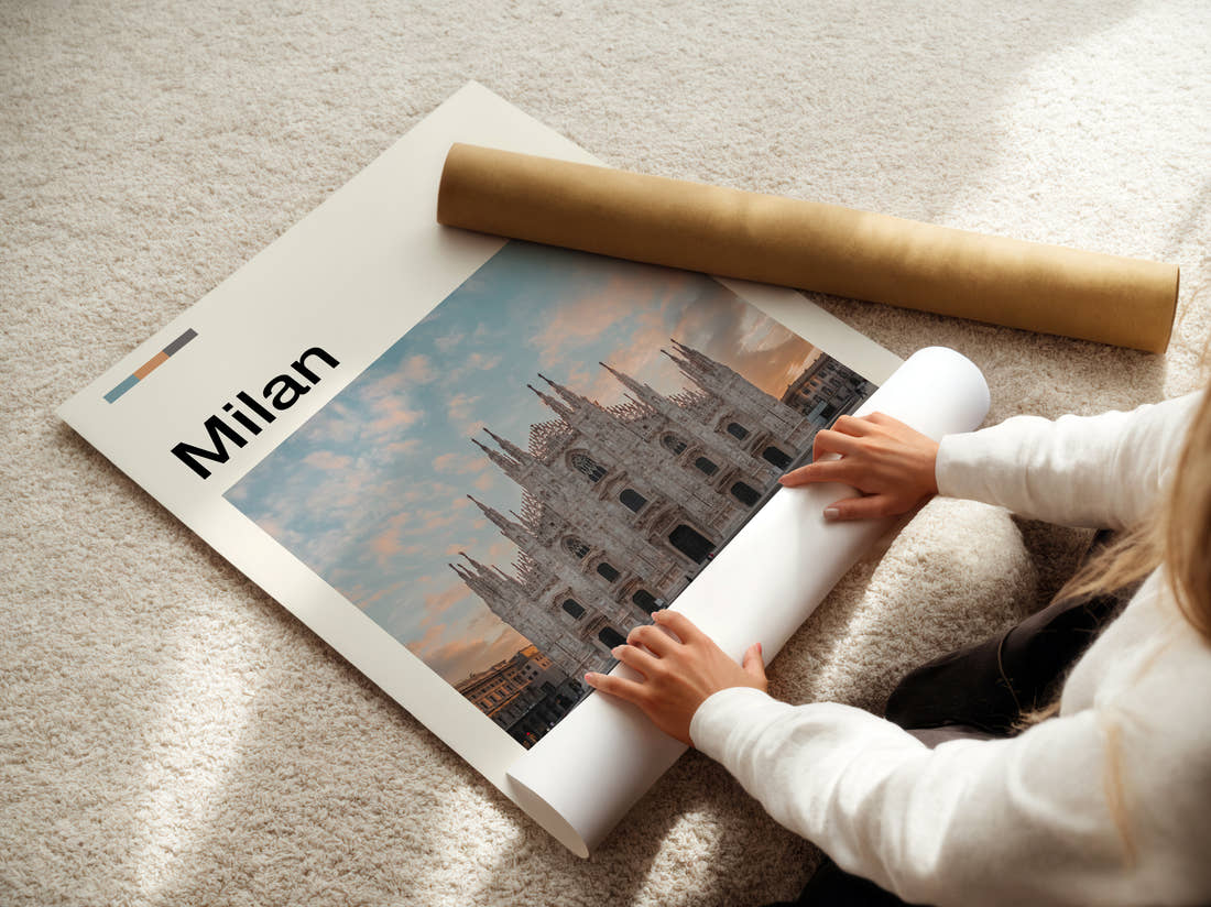 Milan Duomo Di Milano Travel Print being unrolled from its postal tube
