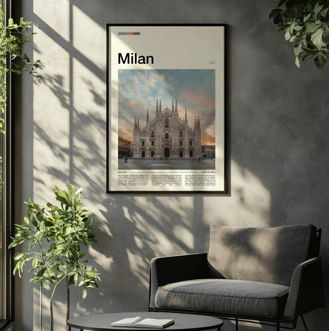 Milan Duomo Di Milano Travel Print framed on the wall of a relaxed living room