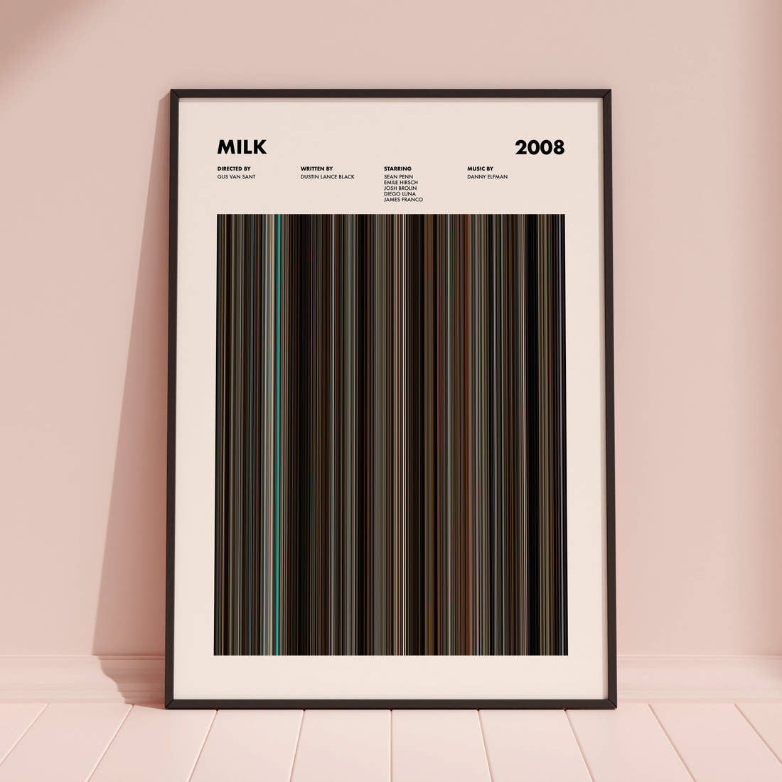 Milk Movie Barcode Poster framed and leaning against a coloured wall