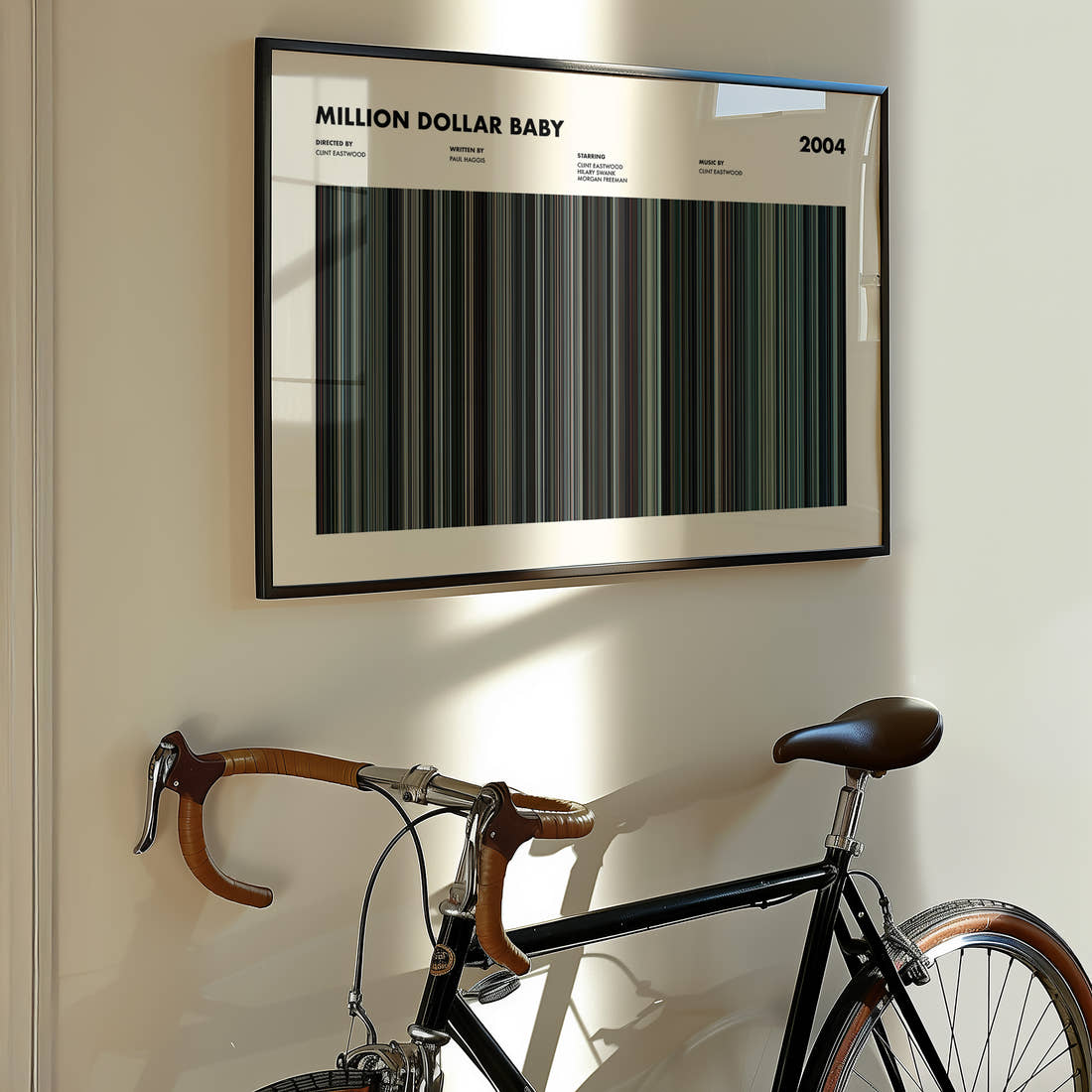 Million Dollar Baby Movie Barcode Poster framed on the wall of a styled room setting