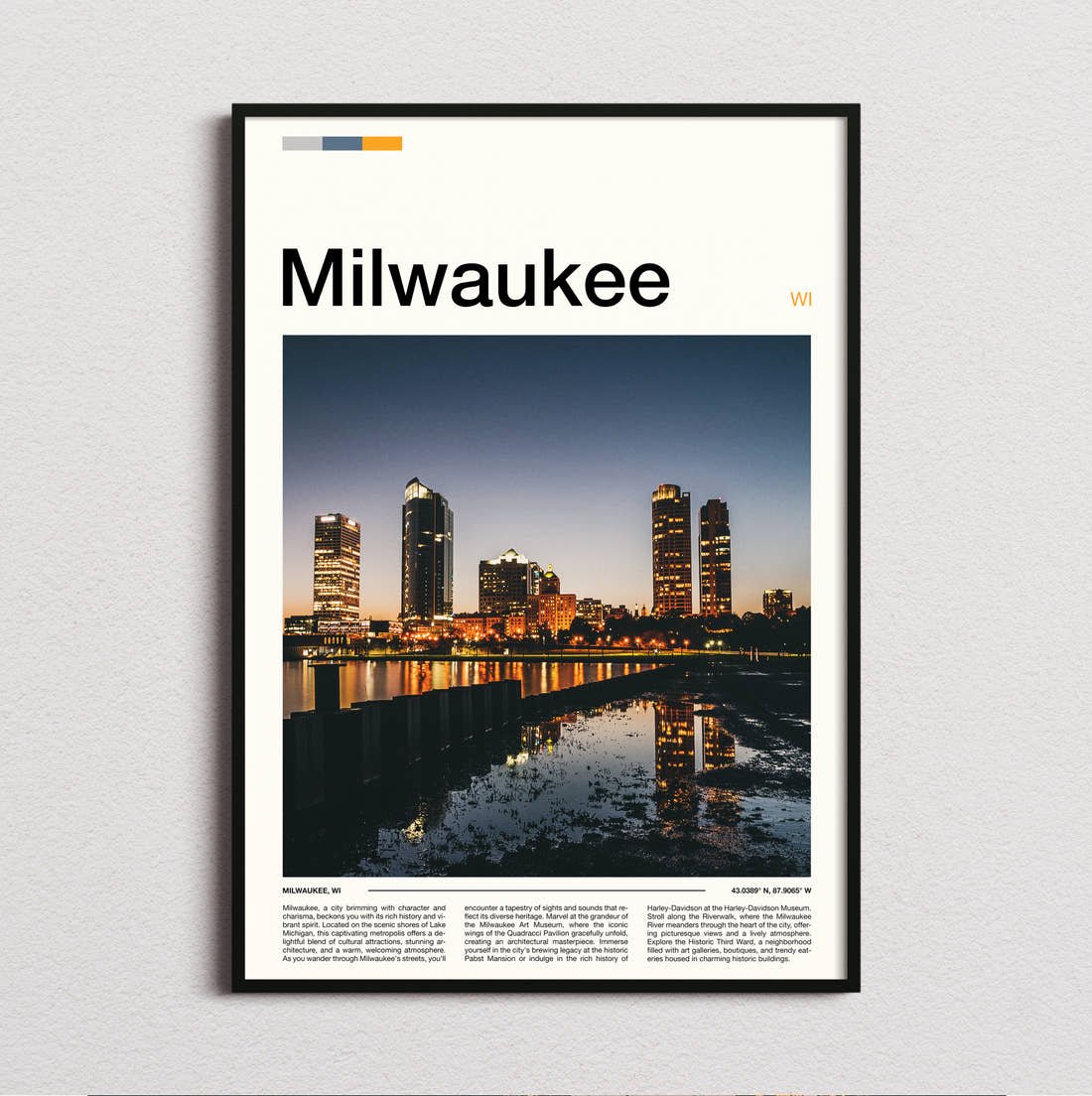 Milwaukee Night Skyline Reflection Travel Print framed and photographed straight on