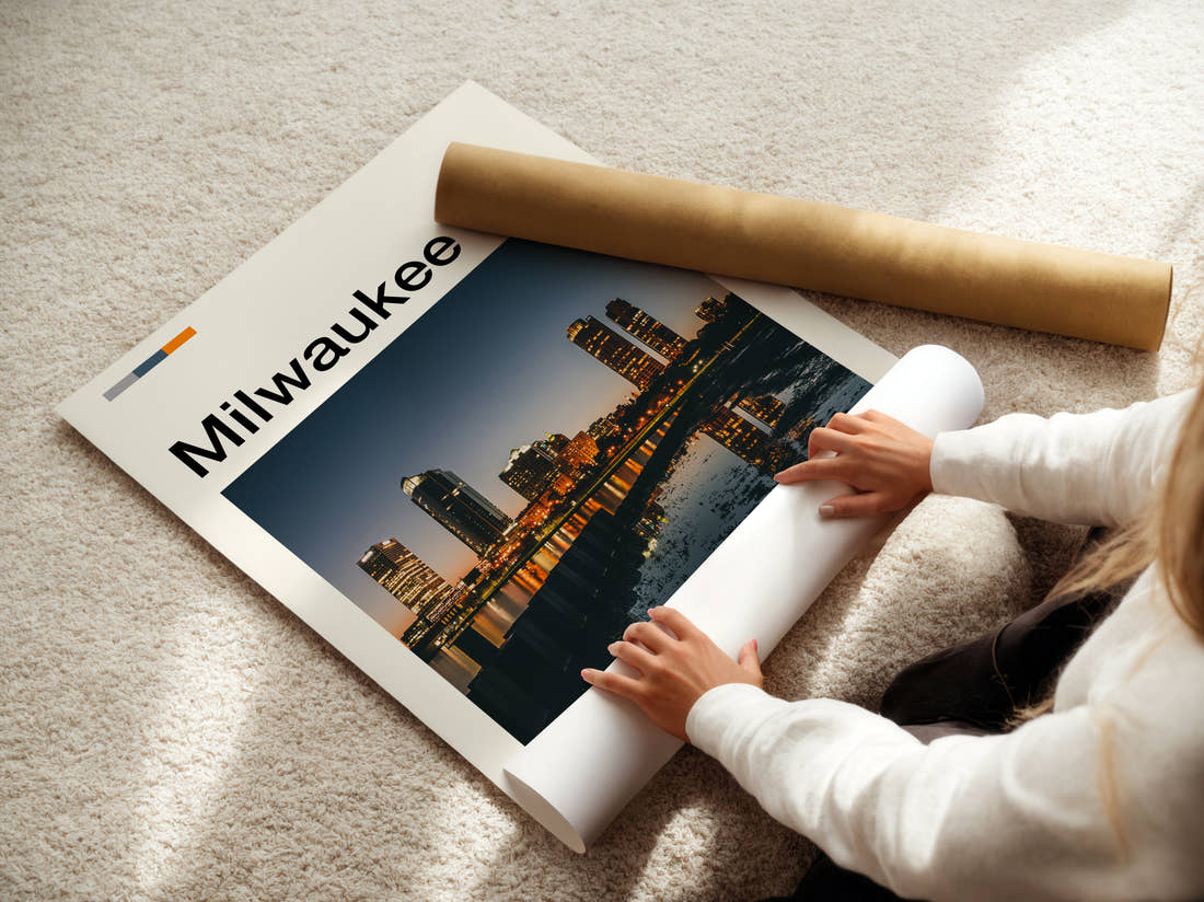 Milwaukee Night Skyline Reflection Travel Print being unrolled from its postal tube