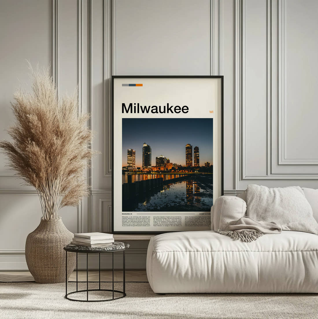 Milwaukee Night Skyline Reflection Travel Print framed on the wall of a calm, neutral bedroom