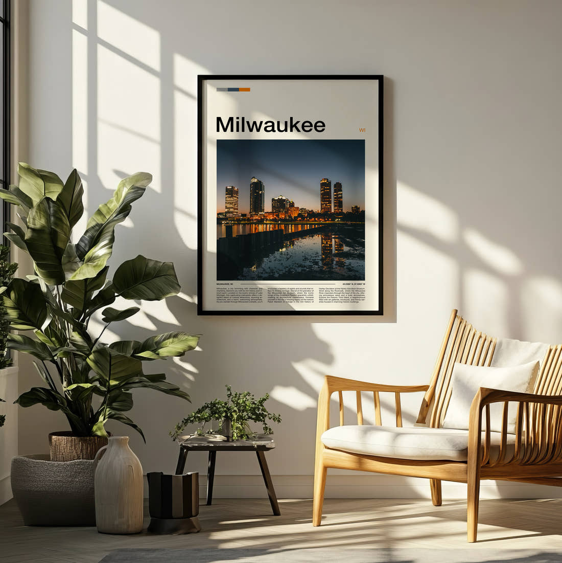 Milwaukee Night Skyline Reflection Travel Print framed on a pale wall beside houseplants