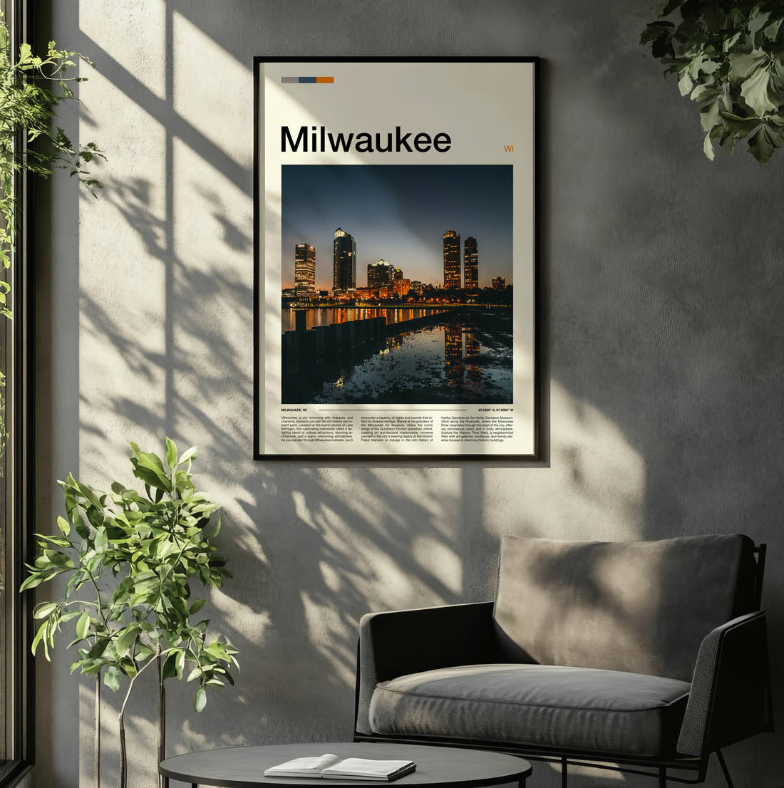 Milwaukee Night Skyline Reflection Travel Print framed on the wall of a relaxed living room