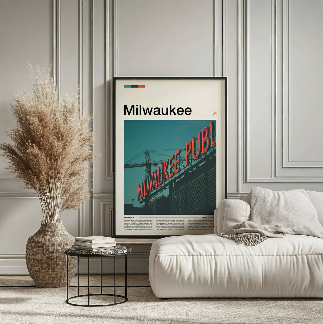 Milwaukee Public Market Sign Travel Print framed on the wall of a calm, neutral bedroom
